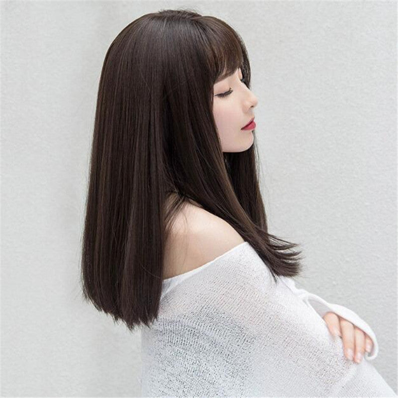 Japonais et Coréen Wig Femmes Air Bangs Moyen Long Droite