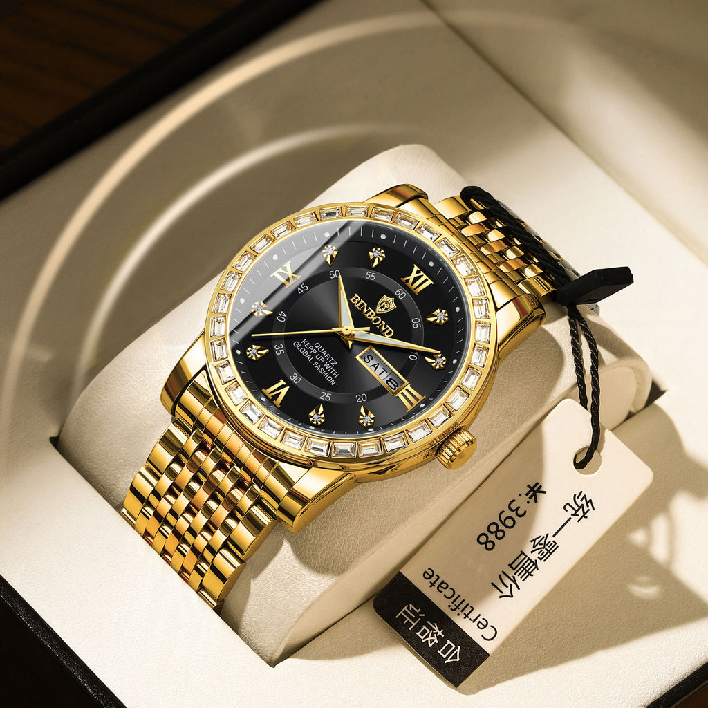 Business Diamant-embeded Montre mécanique double calendrier étanche