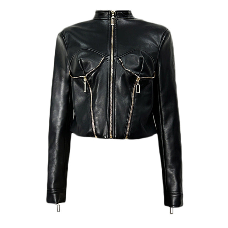 Veste robuste en cuir PU de style Moto avec un collier et un front zippé