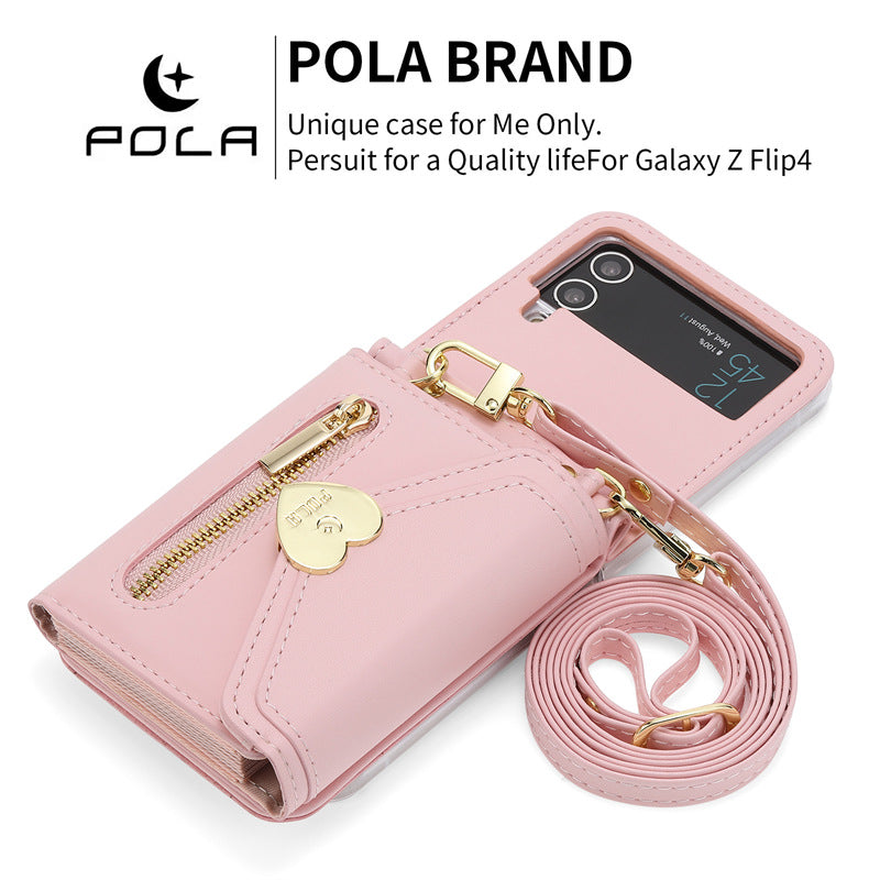 Étui en cuir pliant Coeur en métal Étui téléphone zippé de grande capacité