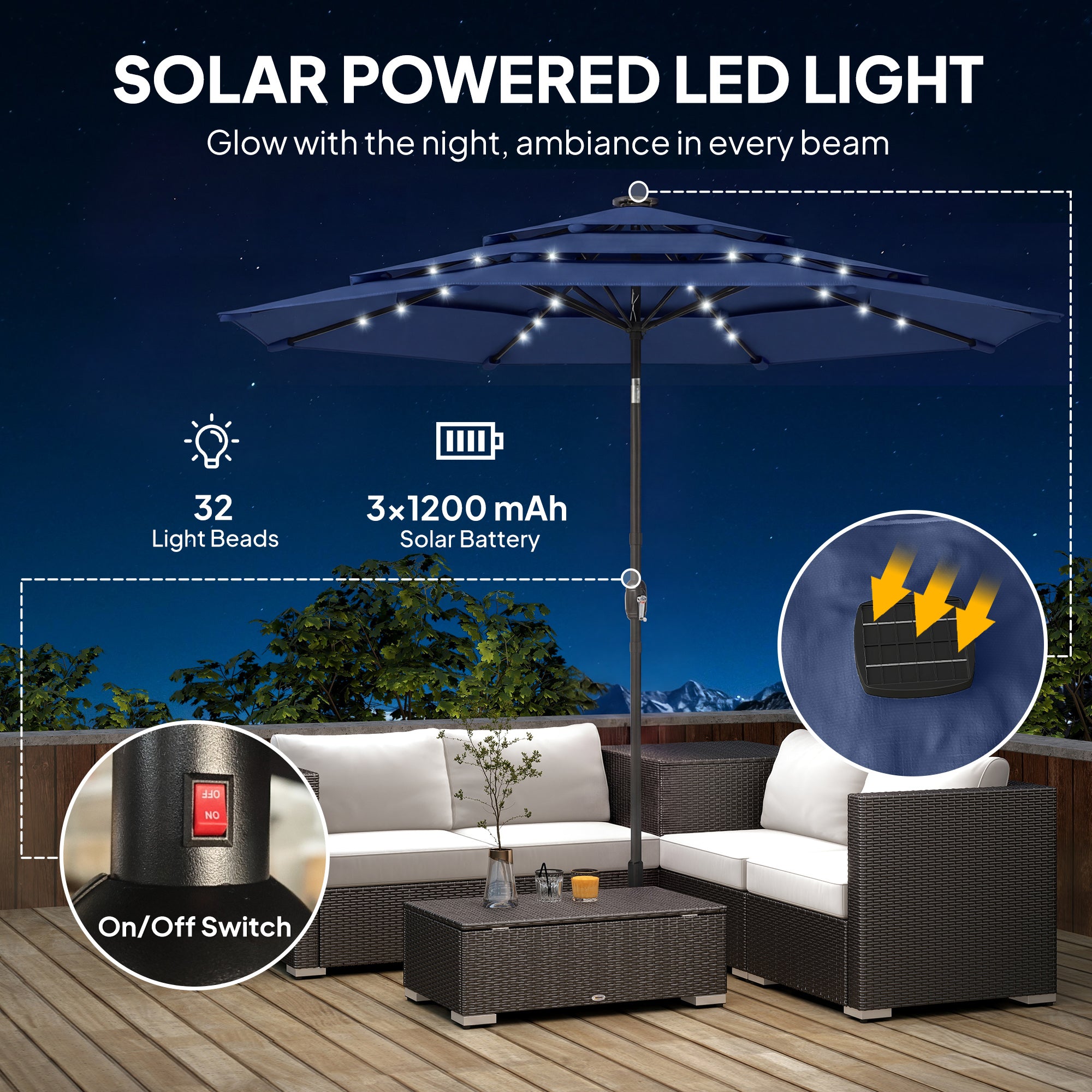 Parapluie extérieur Patio de 9,7 pieds avec lumières solaires LED