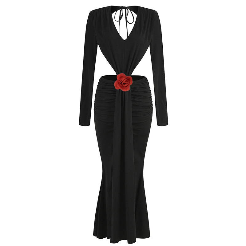 Sexy Col en V manches longues sans dos taille de jupe fleur décorative Split robe de queue de poisson