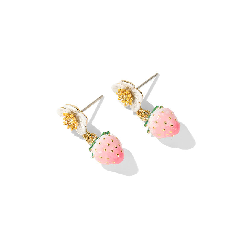 Boucles d'oreilles en argent émail fraise pour femmes
