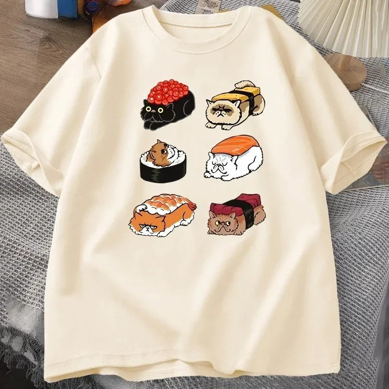 T-shirt Kawaii Cute Cat Sushi pour l'été