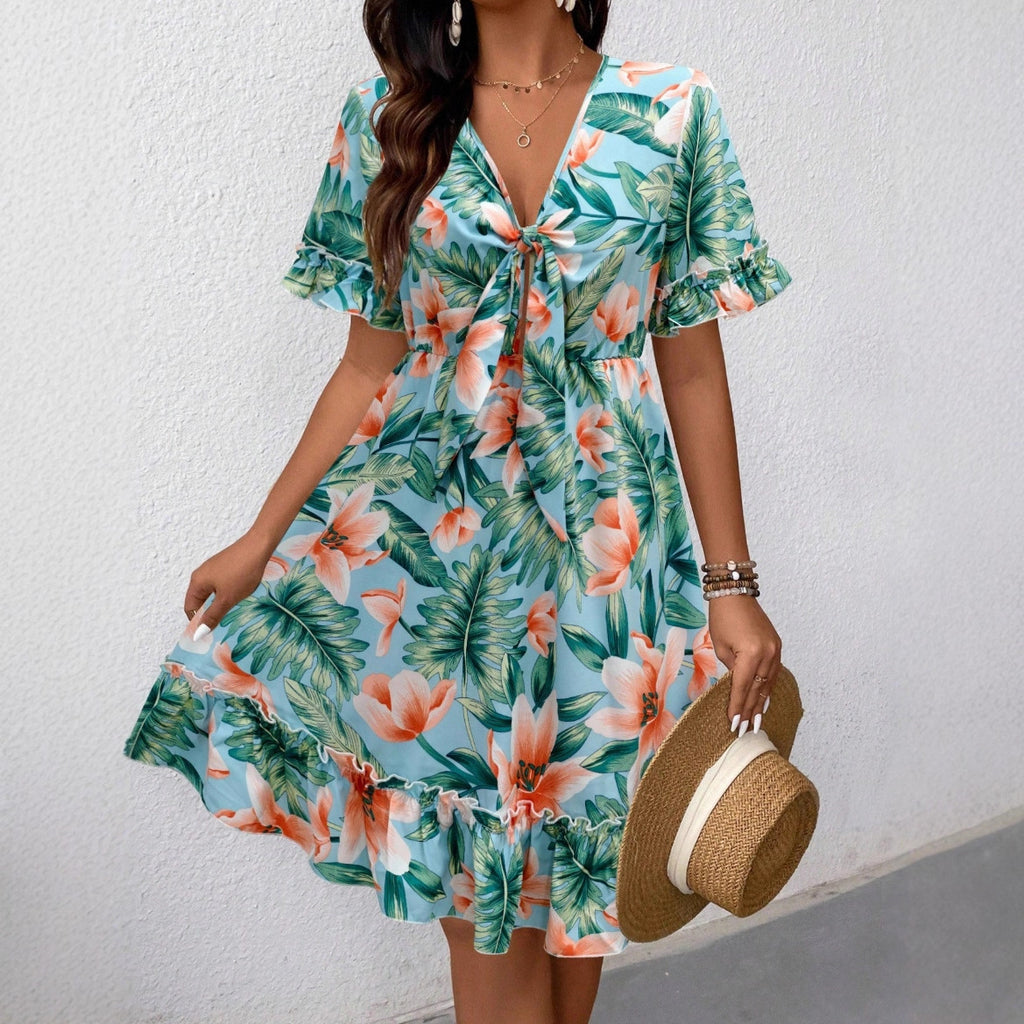 Exporter Européen et américain V-Neck Floral Print Fashion Resort Style Knee-Length Summer W