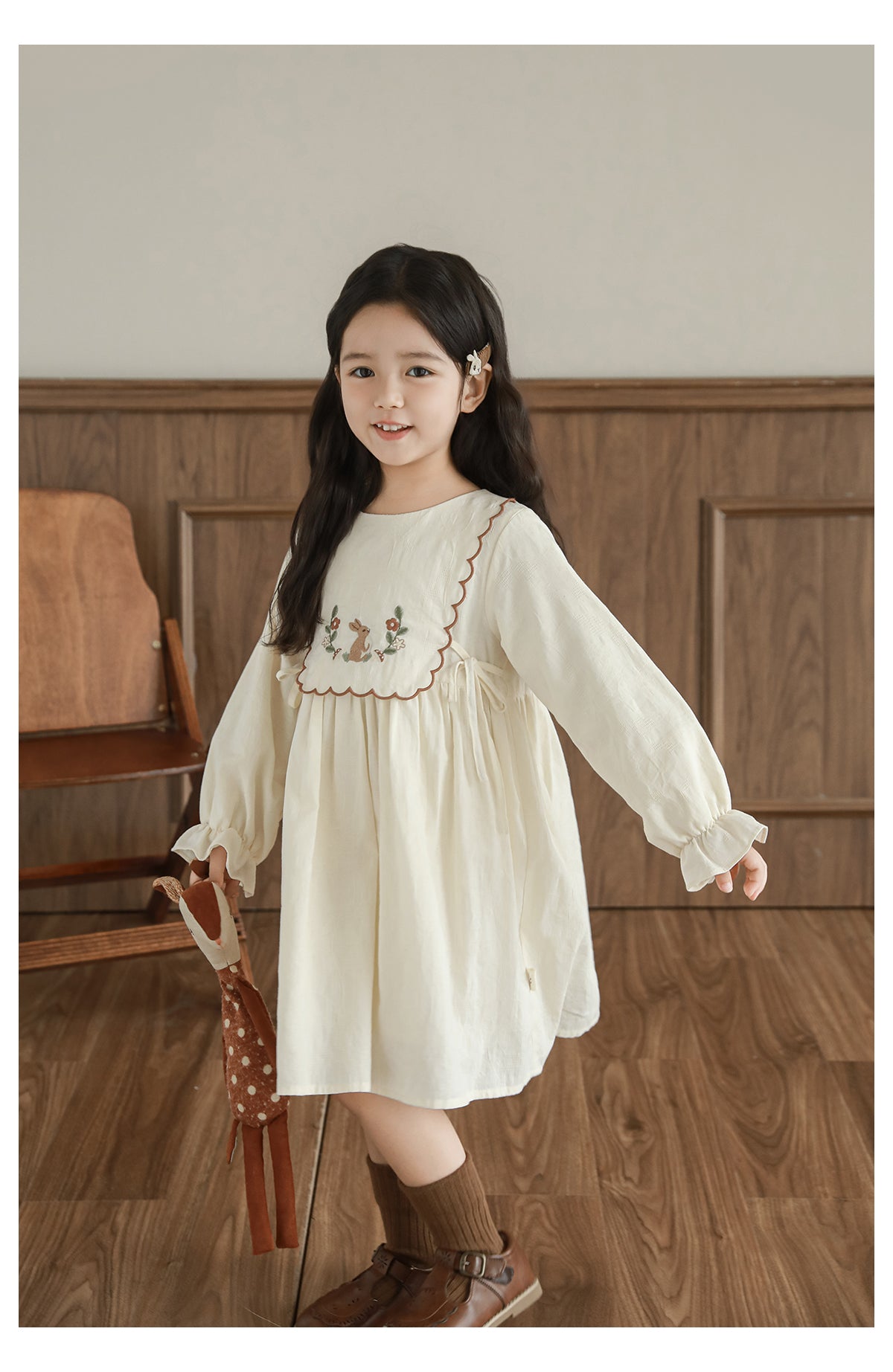 Robe à manches longues d'automne Pure Coton avant Bow pour les filles