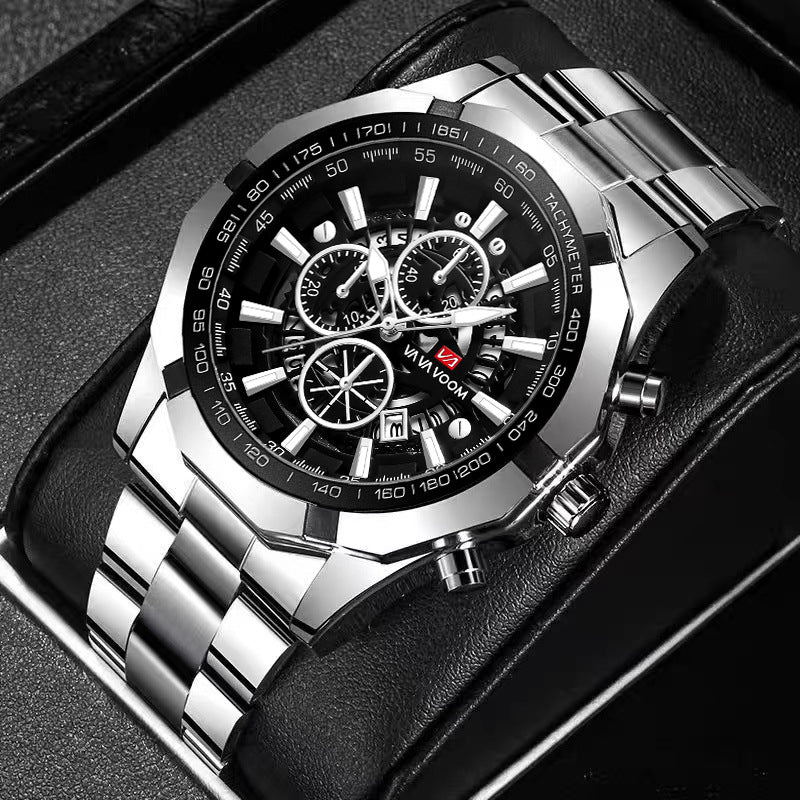 Bande d'acier Hommes trois yeux et six aiguilles calendrier lumineux