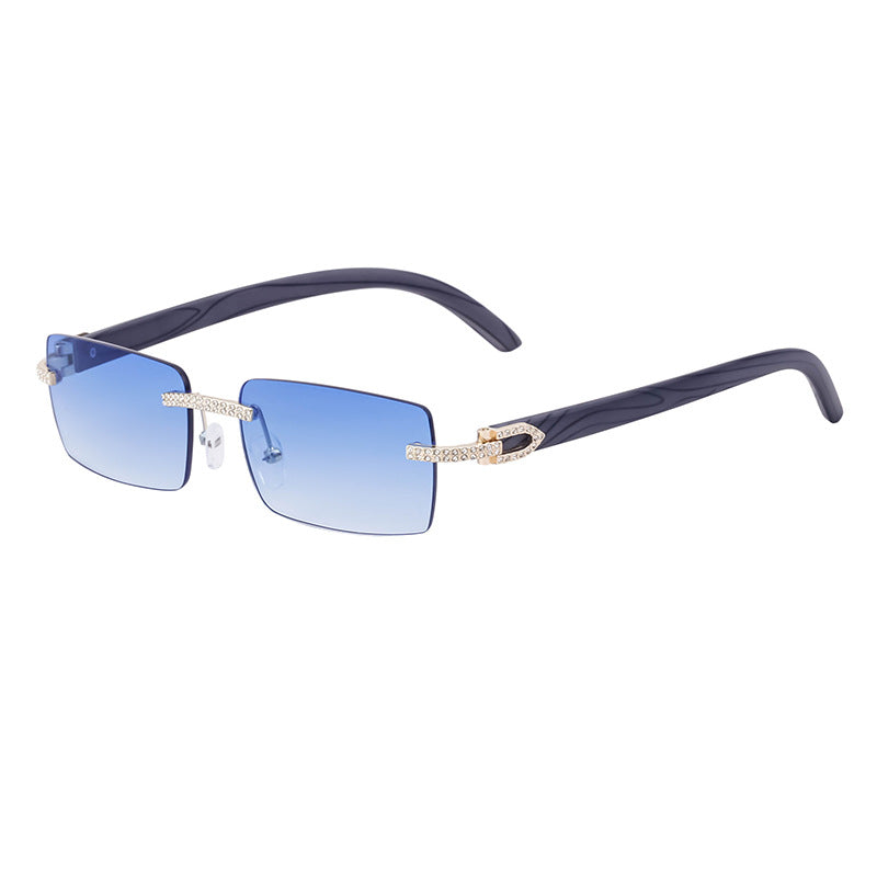 Lunettes de soleil homme sans cadre rétro avec bras de temple en bois incrusté de diamant