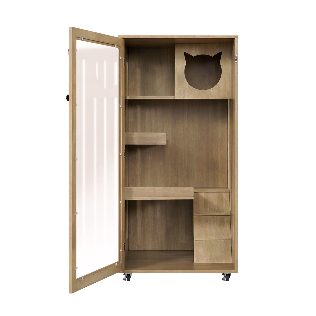 Armoire de chat en bois de caoutchouc Basia avec roues