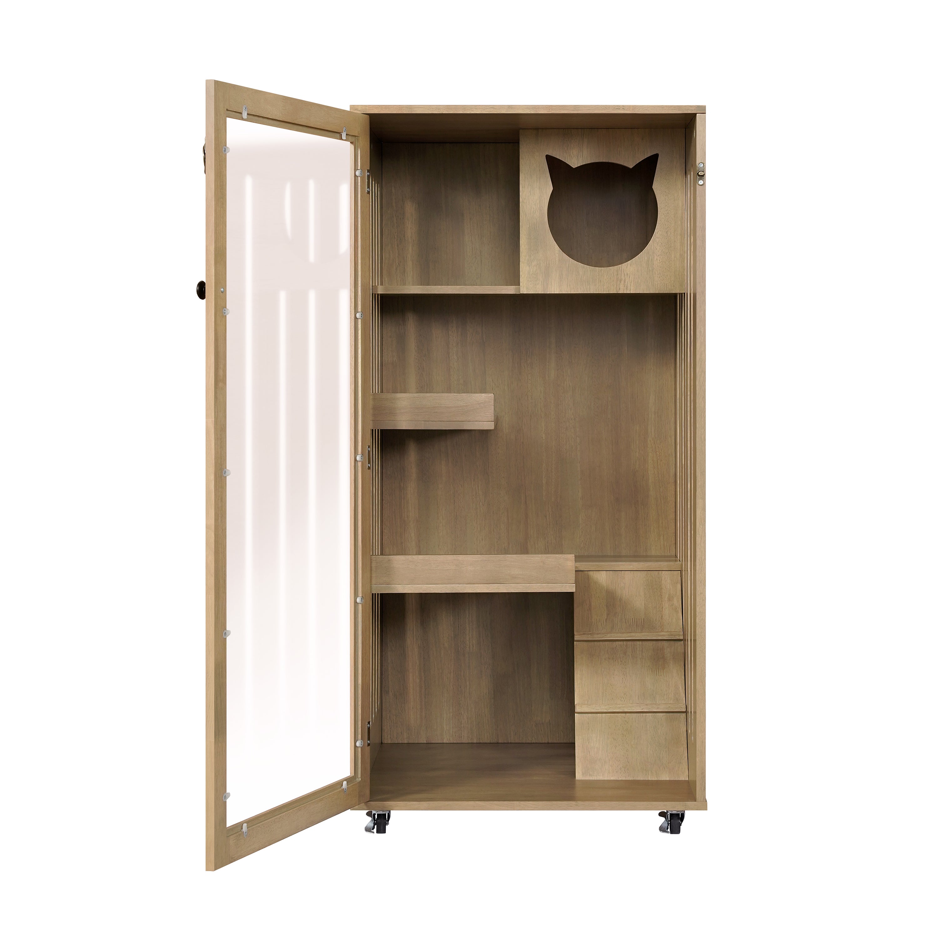 Armoire de chat en bois de caoutchouc Basia avec roues
