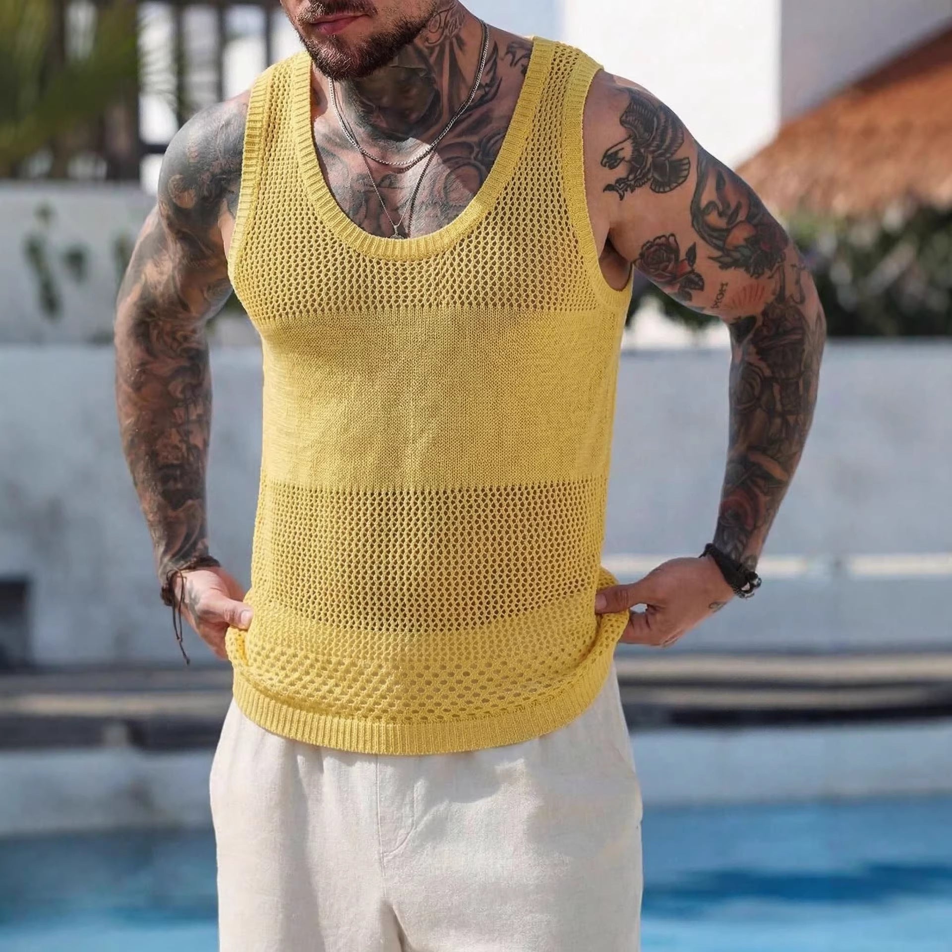 Veste à mailles creuses jaunes pour hommes