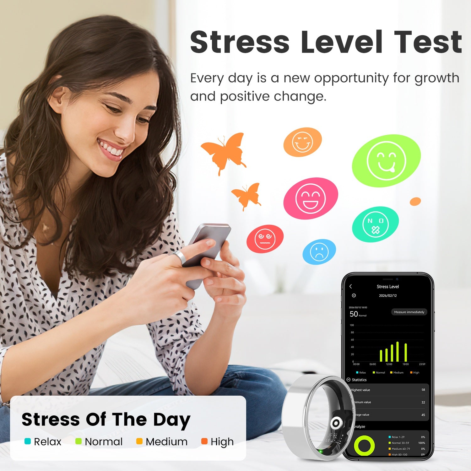 Smart Ring Health Tracker Fitness Sleep Stress HRV Tracker avec charge Cas magnétique Cha