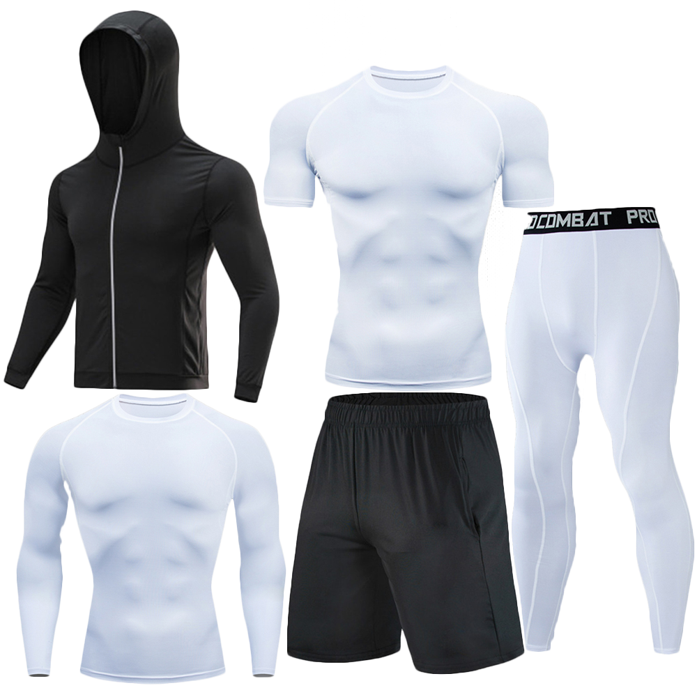 Hommes 5 pièces Ensemble d'entraînement de compression Veste zippée à capuche manches longues manches courtes