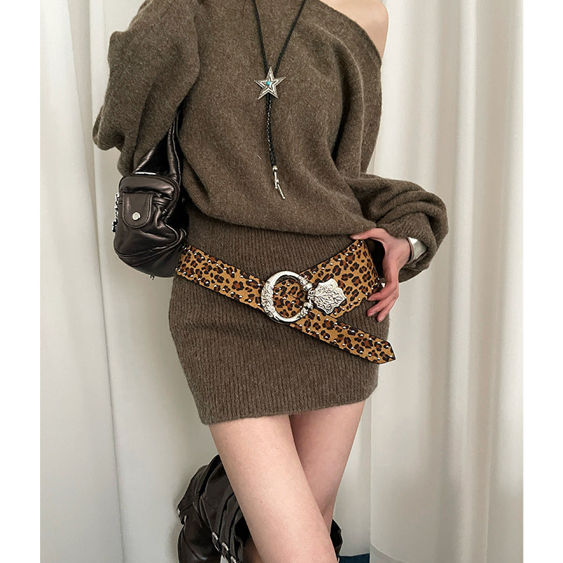 Leopard-print Large Ceinture Femme's Vintage American Style