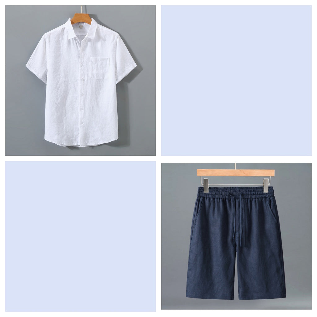Short en lin pur pour homme et ensemble de chemises à manches courtes - Outfi léger décontracté d'été
