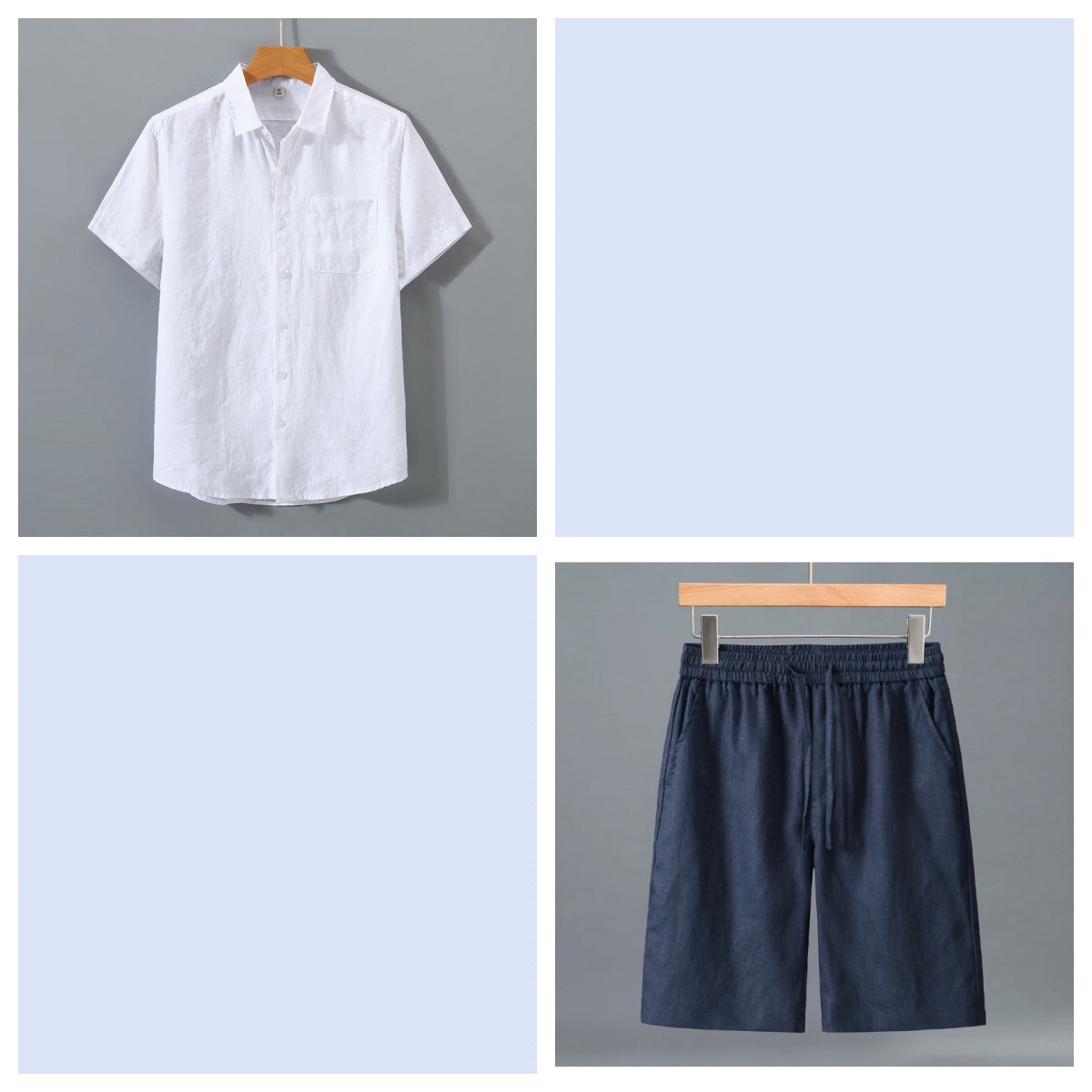 Short en lin pur pour homme et ensemble de chemises à manches courtes - Outfi léger décontracté d'été