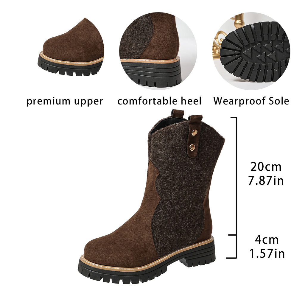 Automne Hiver Arrivée Femmes Plus Taille Vintage Mid-Calf Bottes Suede Bloc Talon Rond Toe Mi