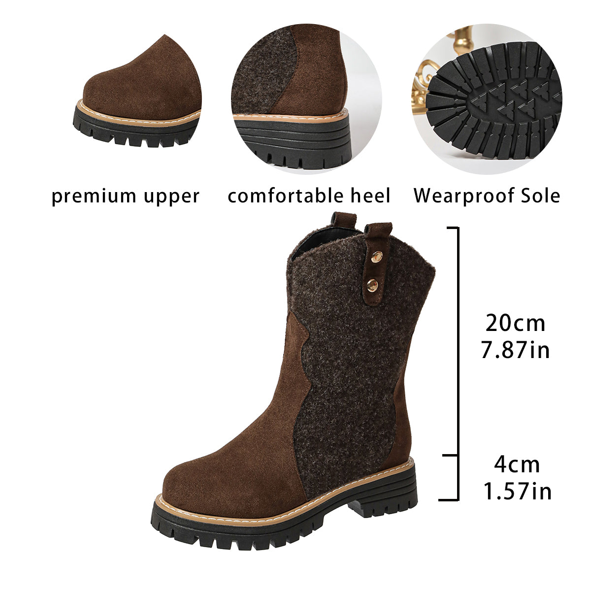 Automne Hiver Arrivée Femmes Plus Taille Vintage Mid-Calf Bottes Suede Bloc Talon Rond Toe Mi