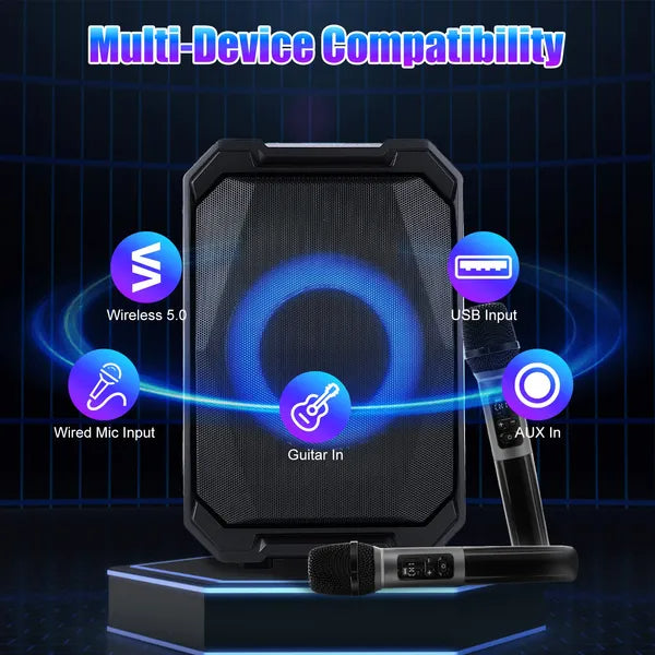 Haut-parleur de partie sans fil portable avec lumière LED 2 sans fil Mics télécommande TWS Music Ac