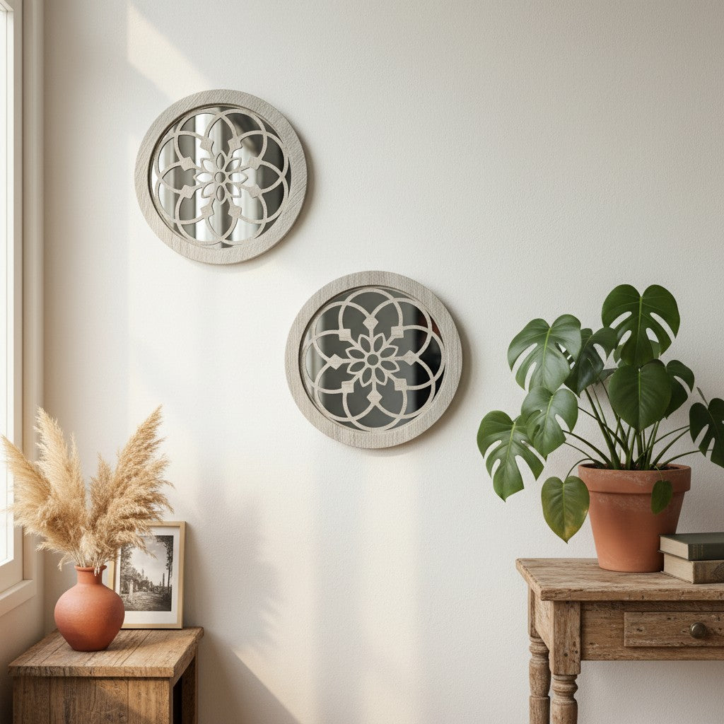 2 Pack Miroir mural en bois rond rustique