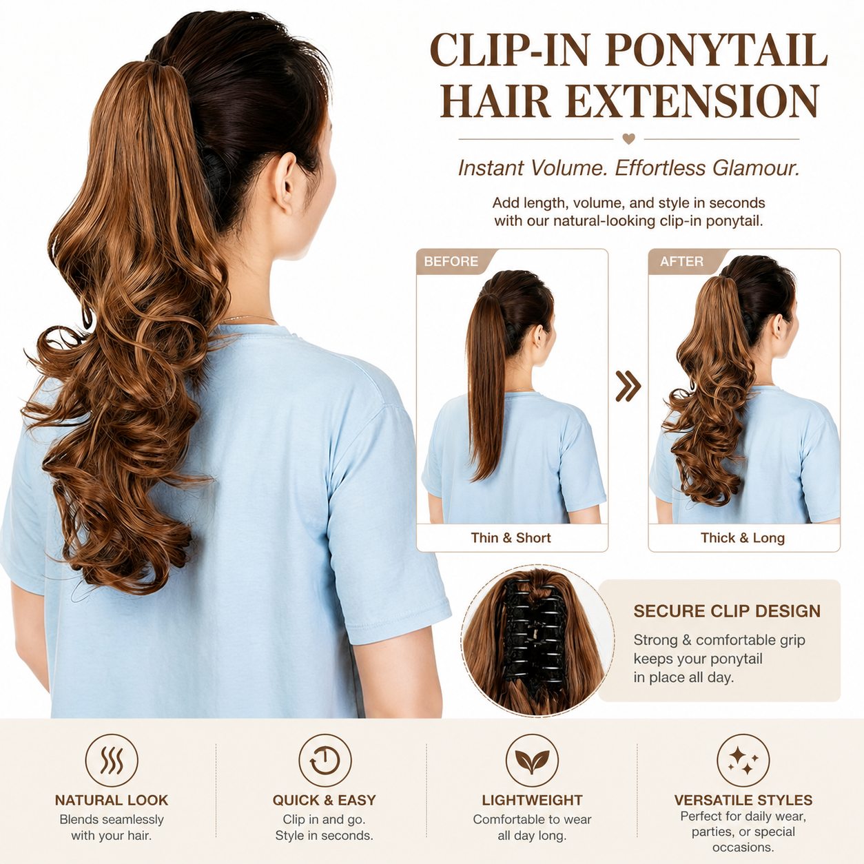 Clip-in Ponytail Hair Extension 22 pouces Wavy CurlySynthetic Wig pour femme Coiffure facile