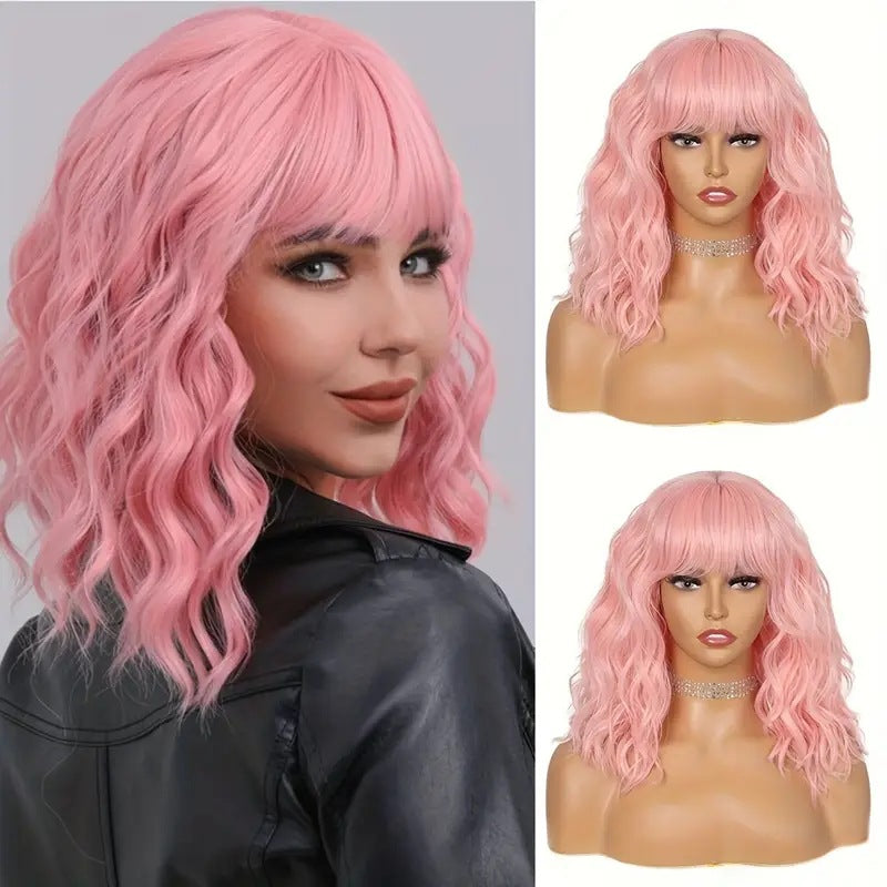 Bangs Water Ripple Longueur des épaules Perruque à cheveux bouclés courte