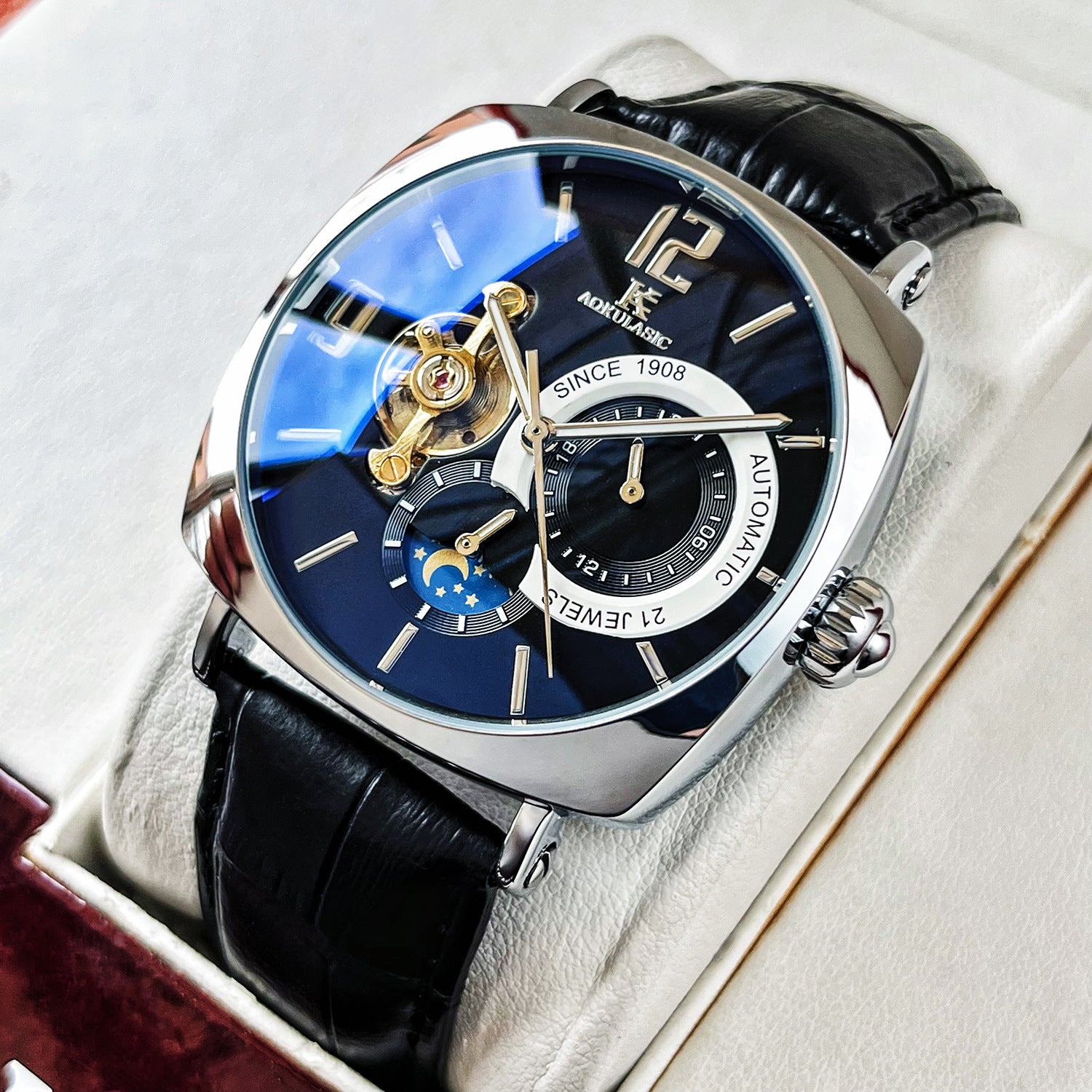 Hommes Square Montre mécanique entièrement automatique Casual Hommes Wristwatch