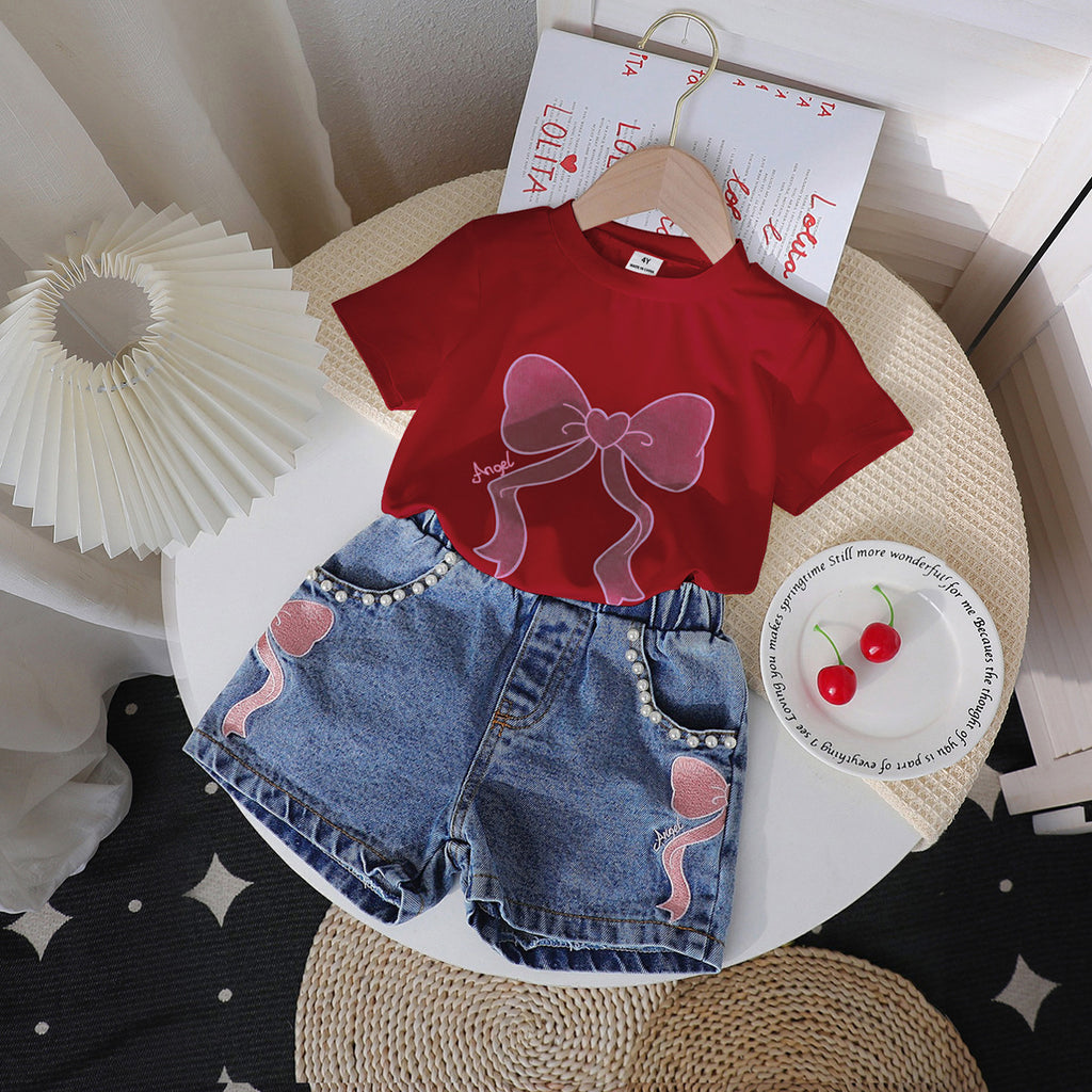Filles Col rond Imprimé Top et Denim Jeans Set