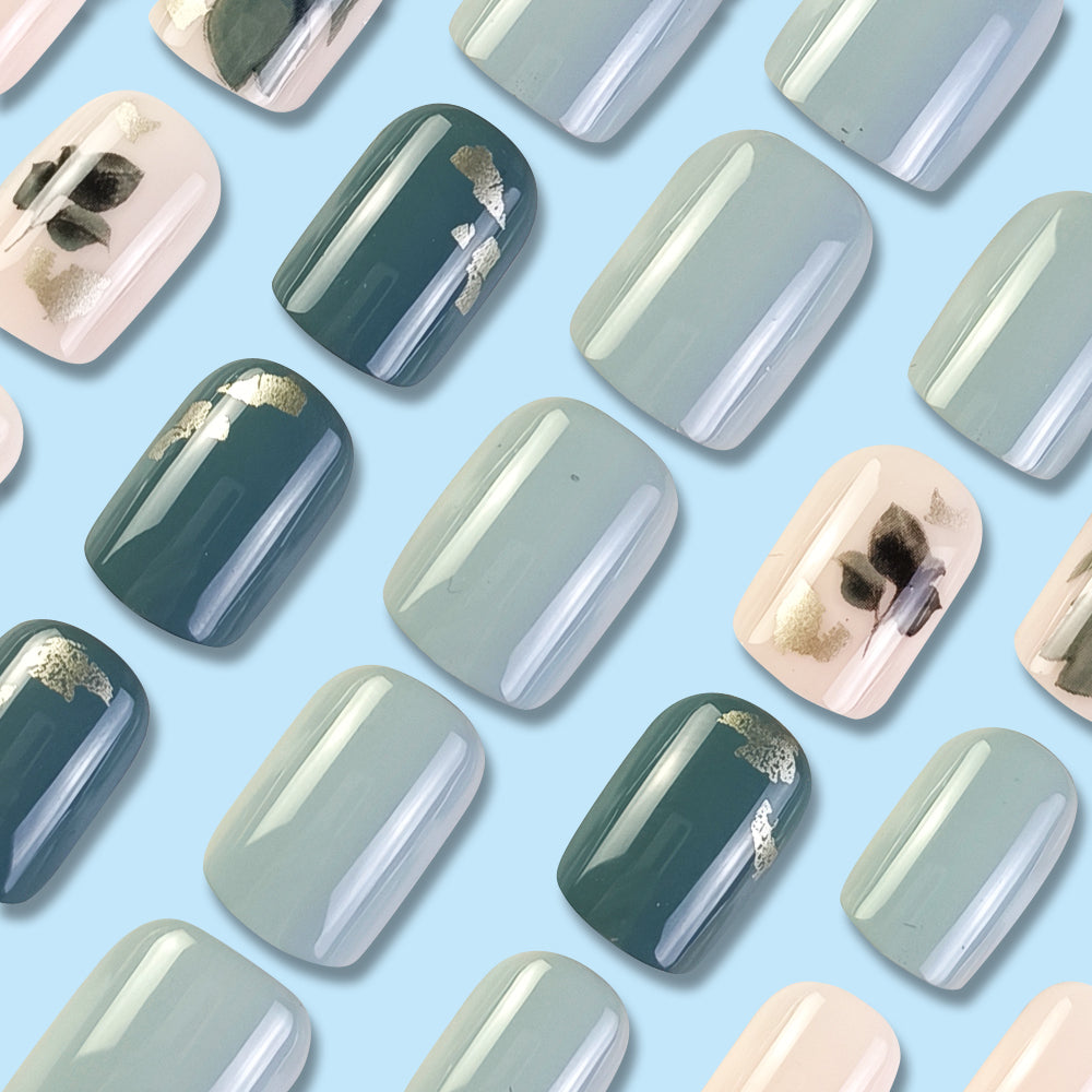 Sets d'ongles de conception de feuille verte minimaliste carré 24 pièces pour la fête et la danse