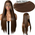 Perruque femelle brune longue droite ligne de cheveux artificielle tête de dentelle