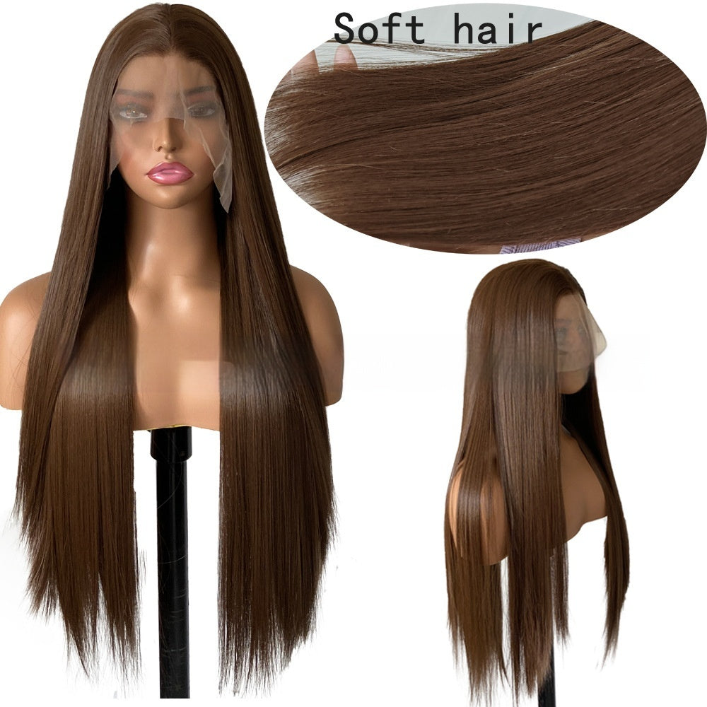 Perruque femelle brune longue droite ligne de cheveux artificielle tête de dentelle