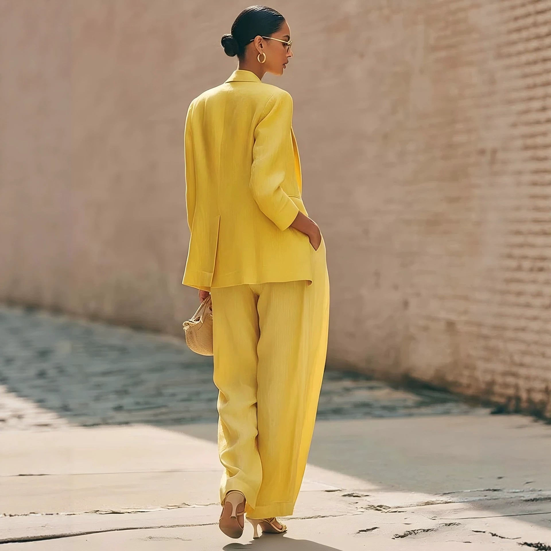 Pantalon bi-pièce pour femmes de couleur unie et pantalon à large jambe