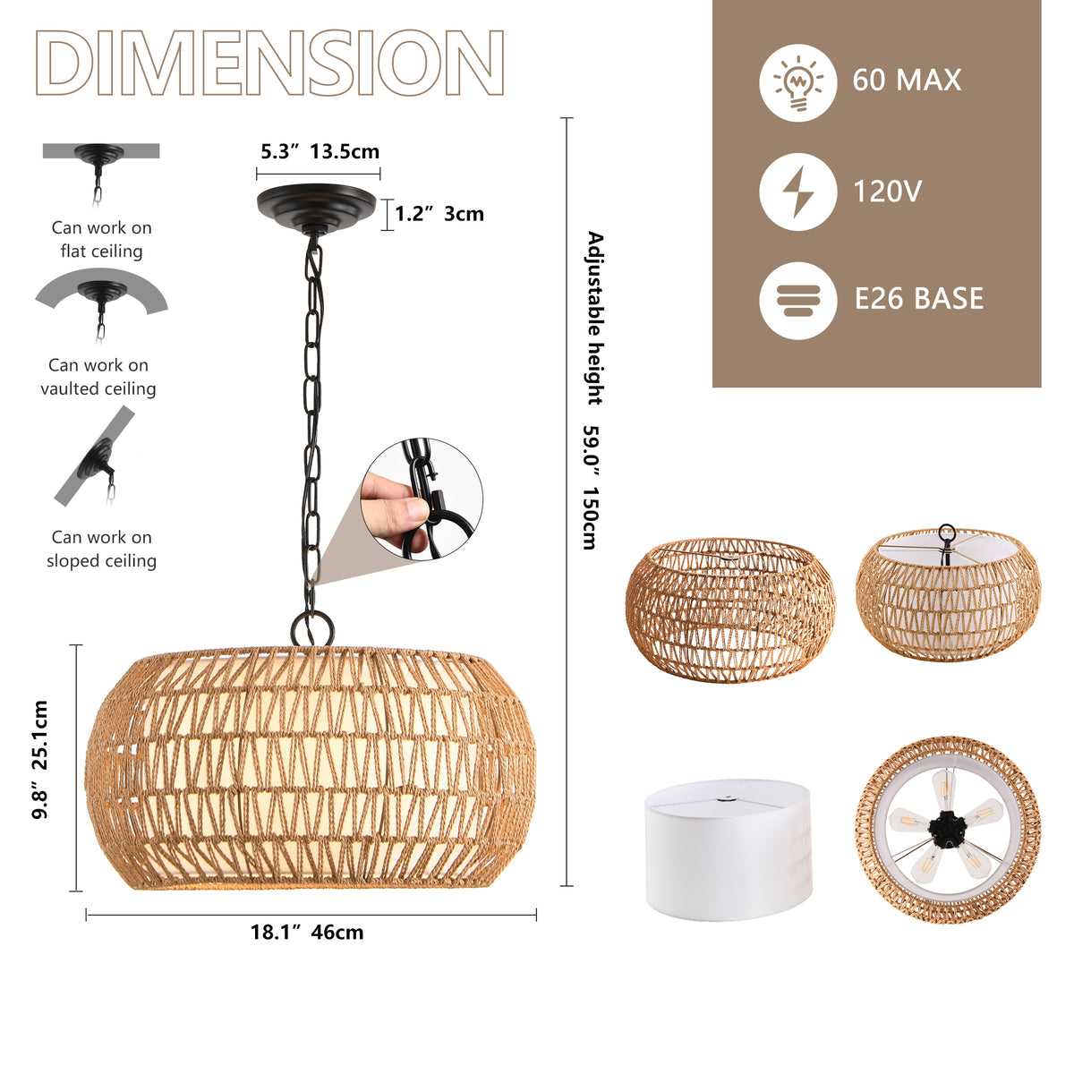 Lampe pendentif ferme de 18 pouces avec hauteur réglable