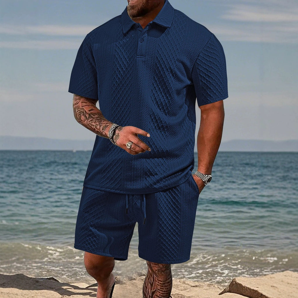 Men's Summer Thin Loose Respirant Solid Color Jacquard Tissu Lapel Short Sleeve Polo Shi