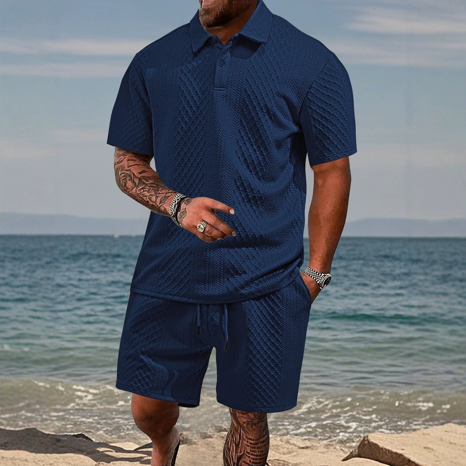 Men's Summer Thin Loose Respirant Solid Color Jacquard Tissu Lapel Short Sleeve Polo Shi