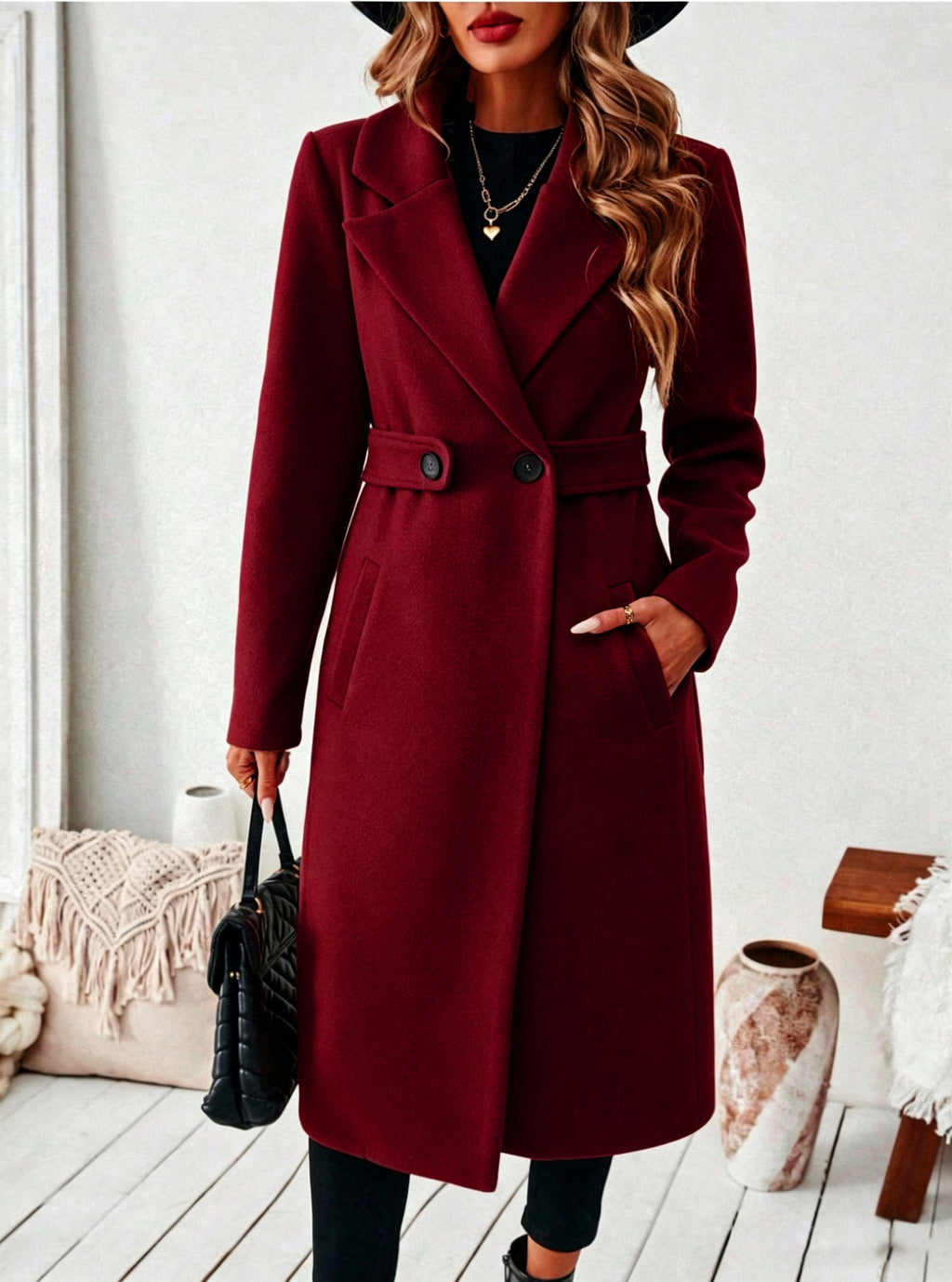 Manteau en laine de couleur unie pour femmes avec un motif Lapel et double-bras