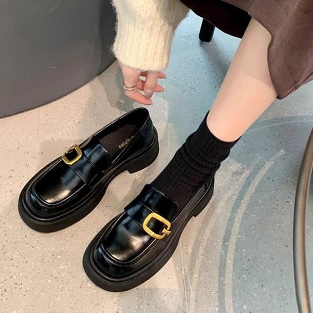 Femmes Un Strap Square Buckle Platform Block Heel Loafers