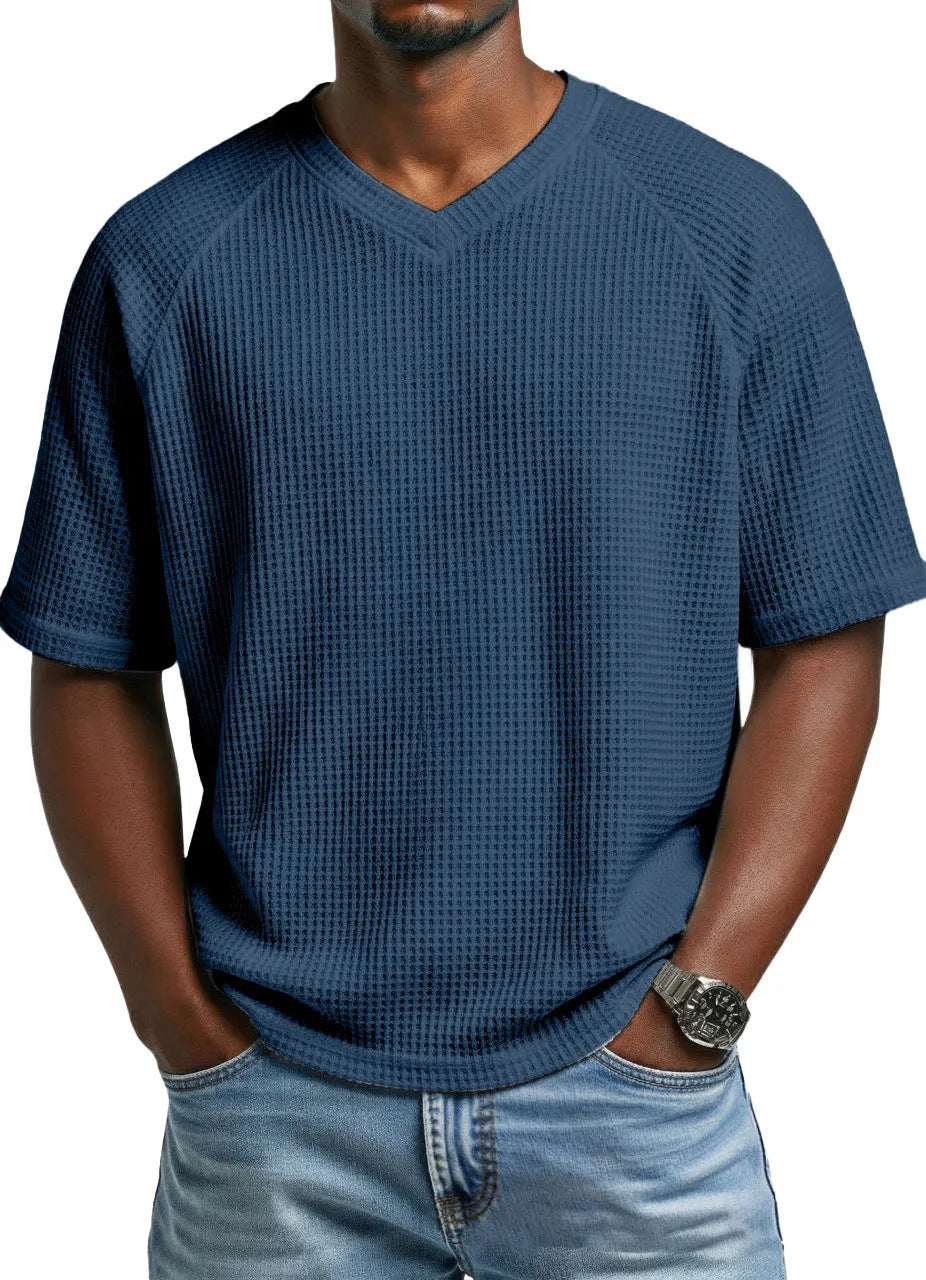 Hommes S Mode Waffle tricot côtelé manches V cou manches courtes T-shirt pour le transport quotidien