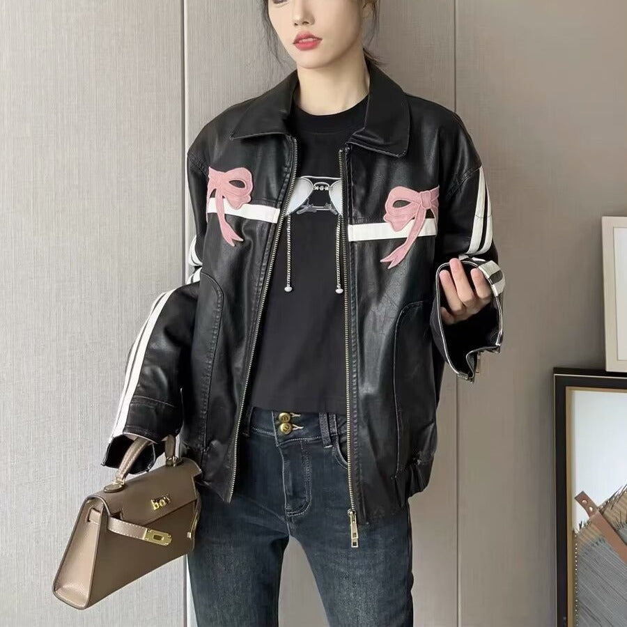 Veste en cuir pour femmes Bow-Knot Zipper