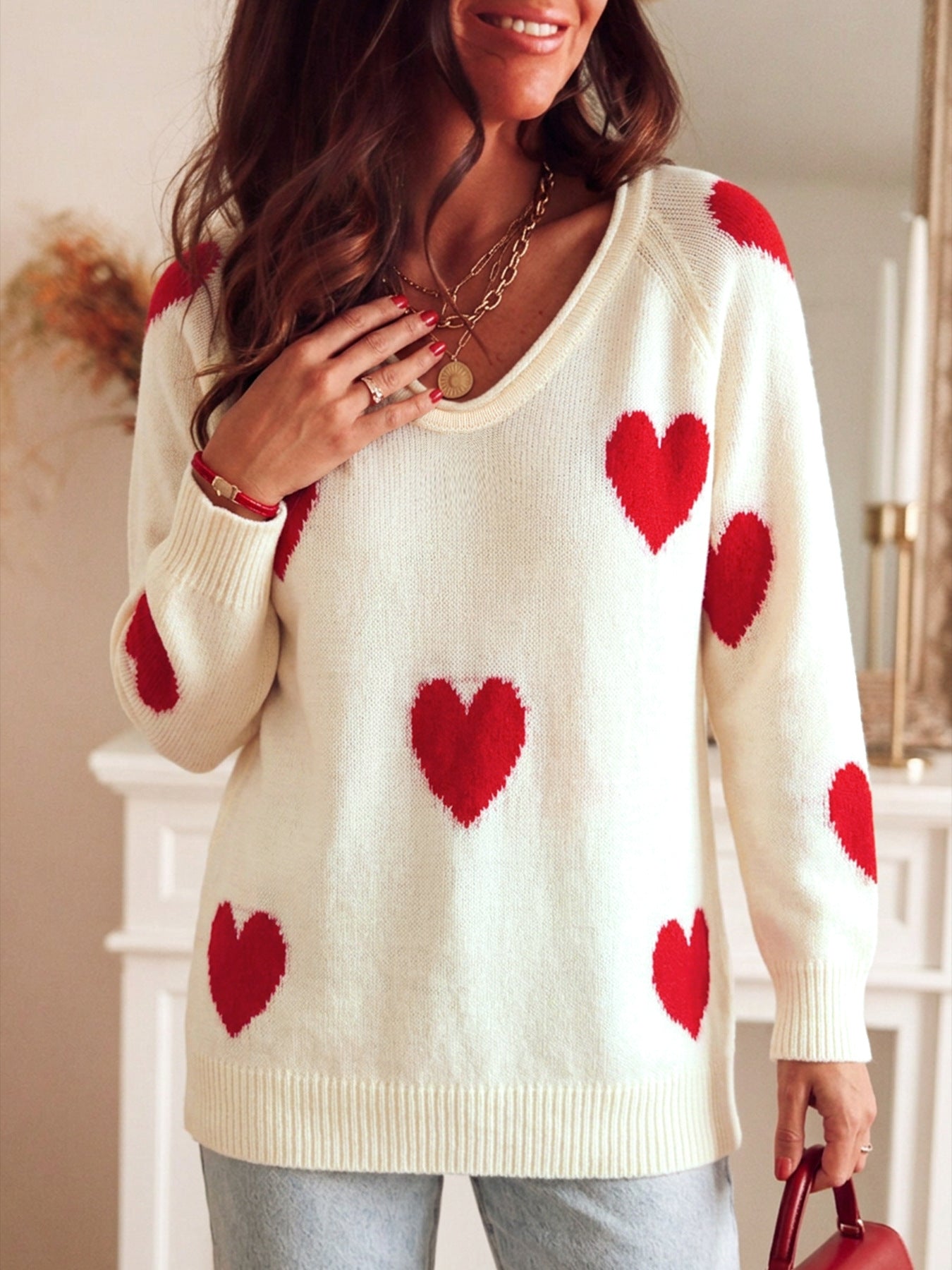 Crème Casual Overzied Blanc Tout sur le coeur rouge Pattern longue manches tricot dessus pour les femmes