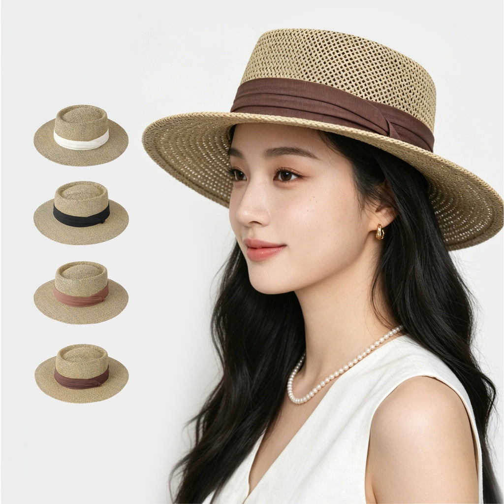 Chapeau de paille plat Hollow de style vieux argent pour femmes