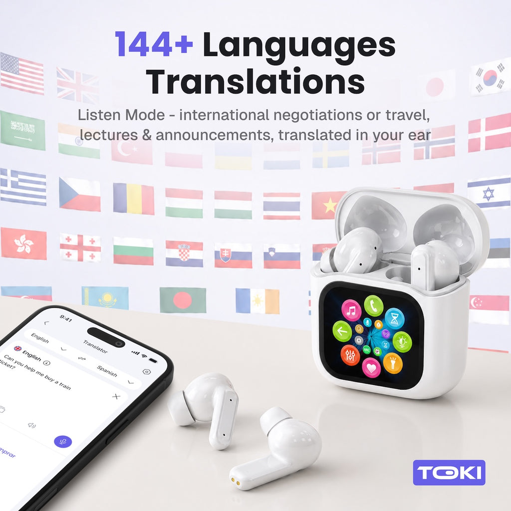 Ecouteurs de traduction AI Toki Pro-5 avec boîtier de recharge à écran LCD intelligent
