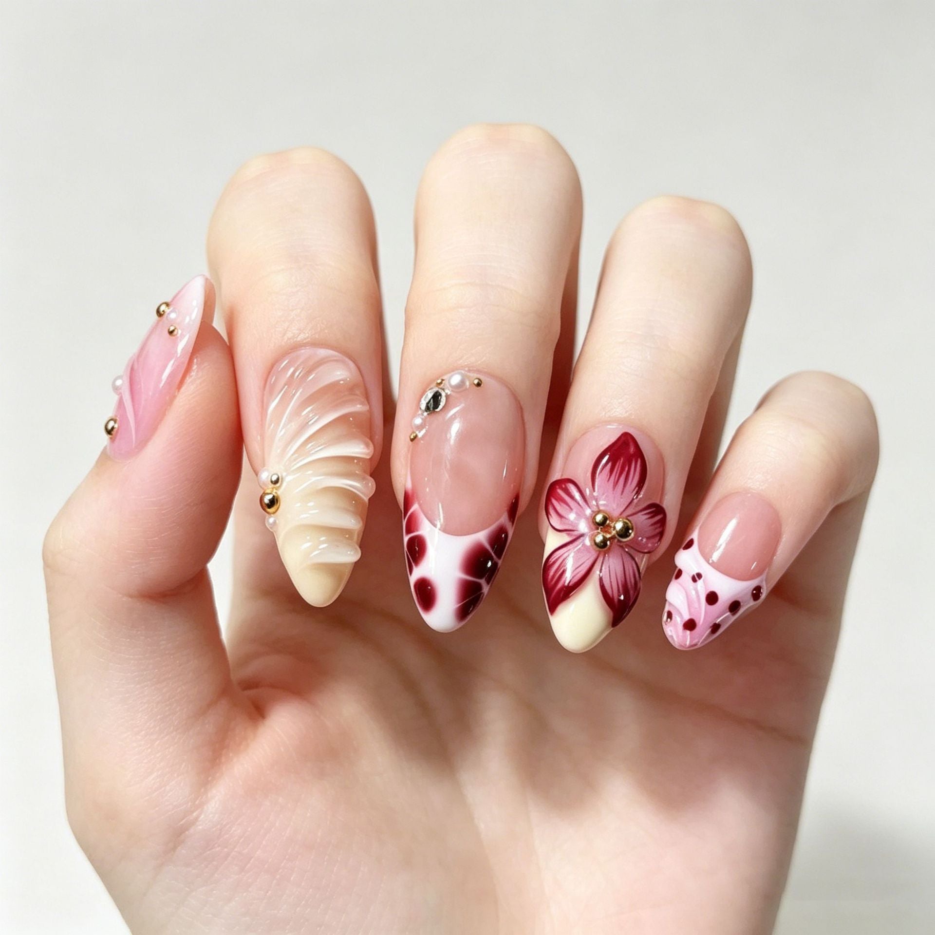 Nu de longueur moyenne Gradient Nails à pression florale tridimensionnels
