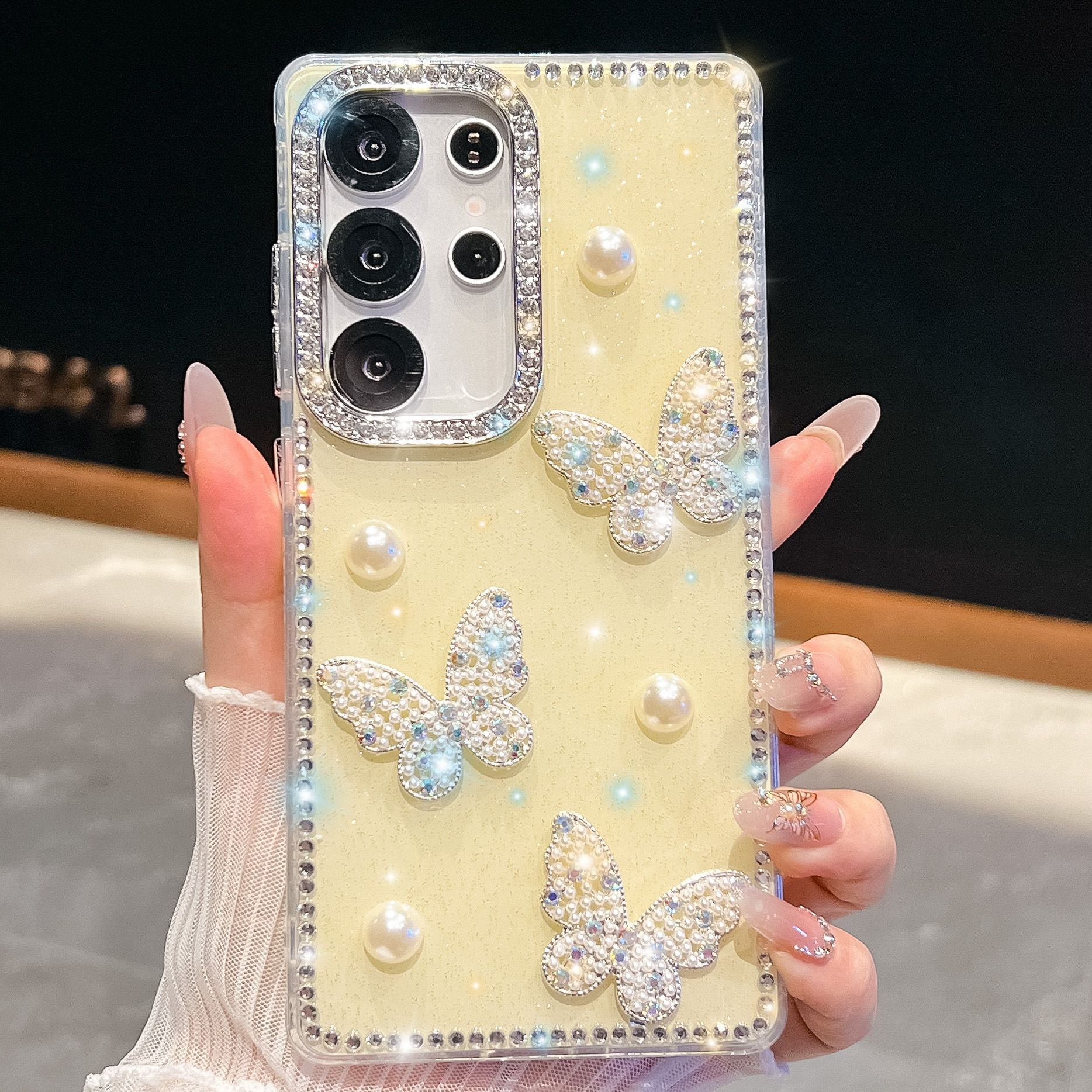 Glitter Powder Pearl Butterfly Style Coque téléphonique avec Strass