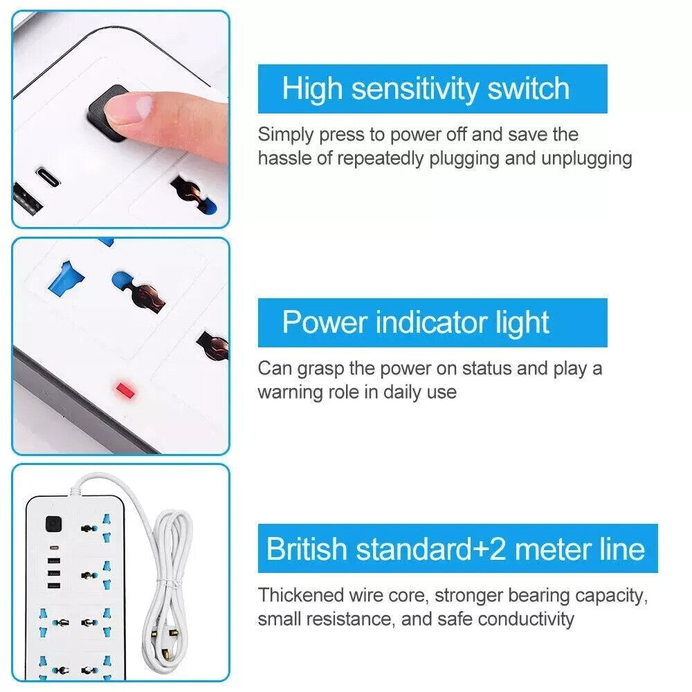 Extension câble câble électrique secteur alimentation 6 Gang 3 USB 1 prise de port de type C