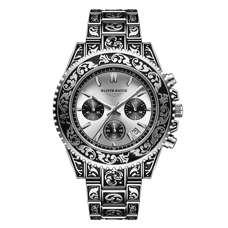 Vintage Engraving Quartz Multifunction Men's Watches