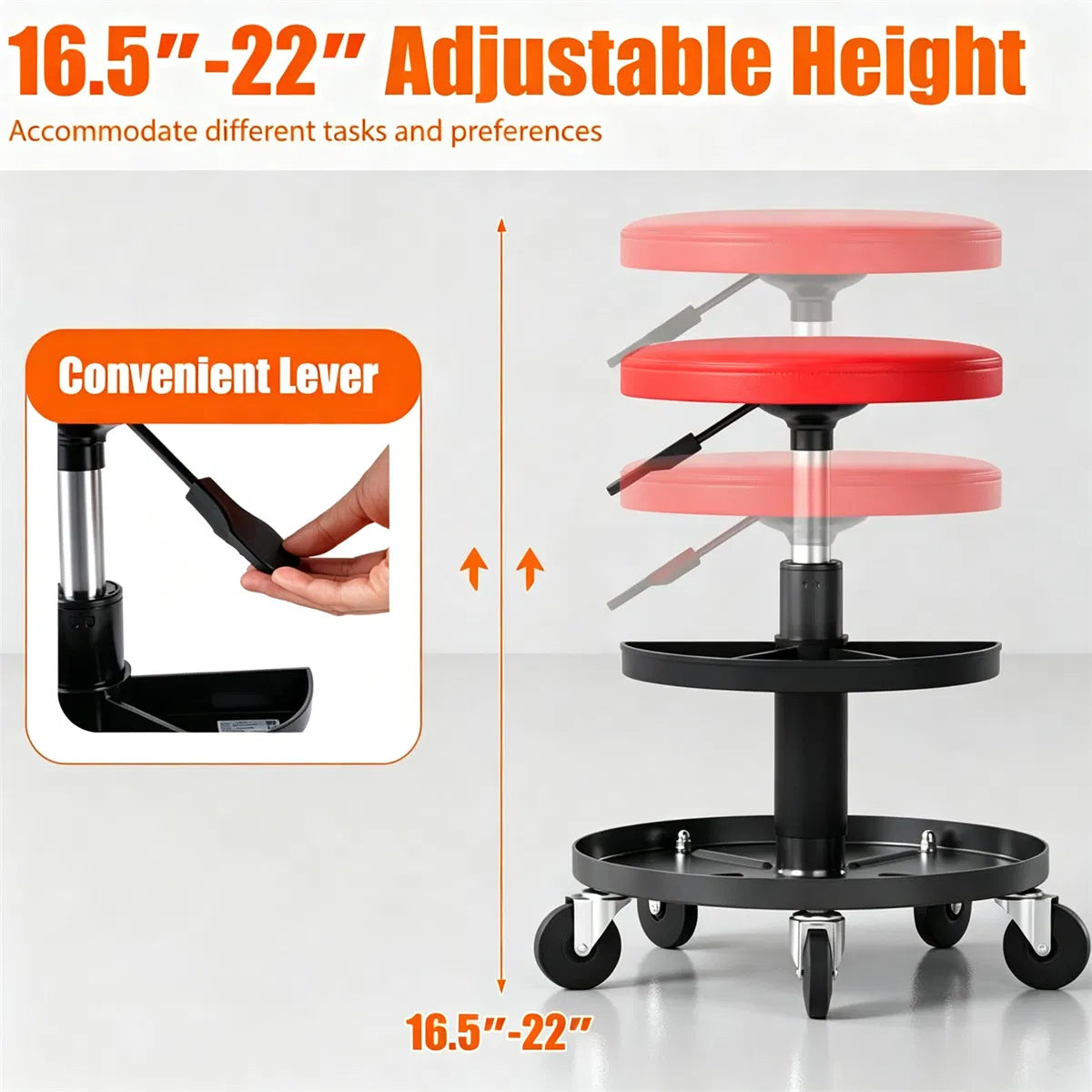 Tabouret mécanique à rouleaux réglable rouge avec bacs de stockage d'outils de 2 étages