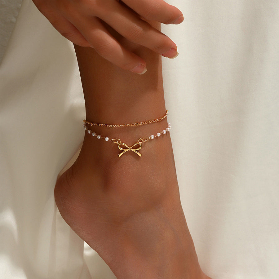 Femmes Double couche Anklet or ton Bow noeud perle artificielle perle bracelet ajust