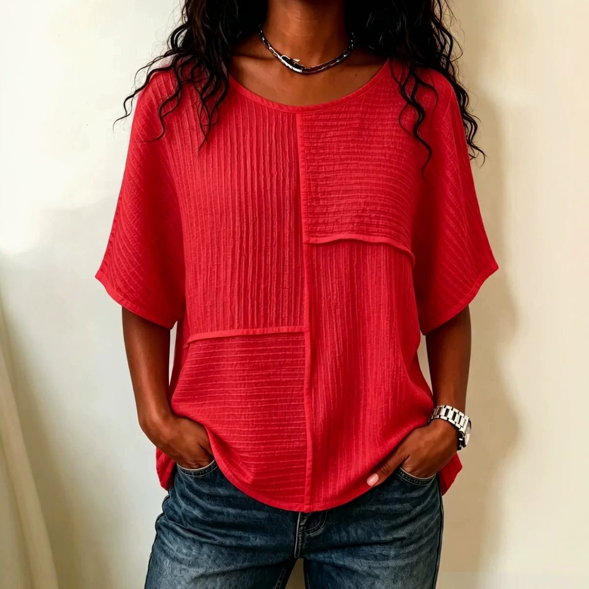 Femmes Casual Patchwork Haut à manches courtes