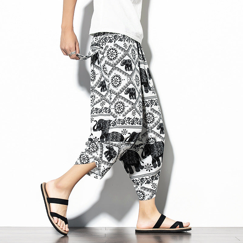 Pantalon imprimé en coton et en lin